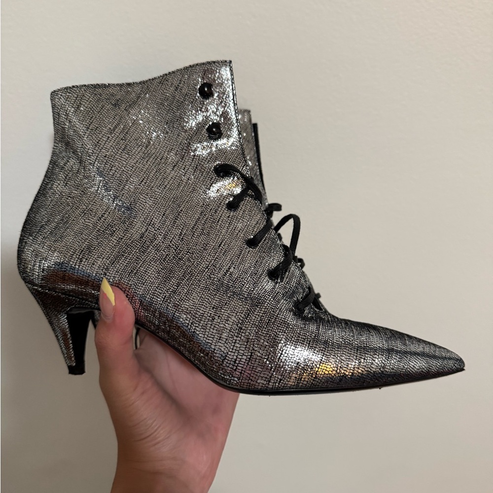 Saint Laurent Silver Heeled Boots with Kitten Heel